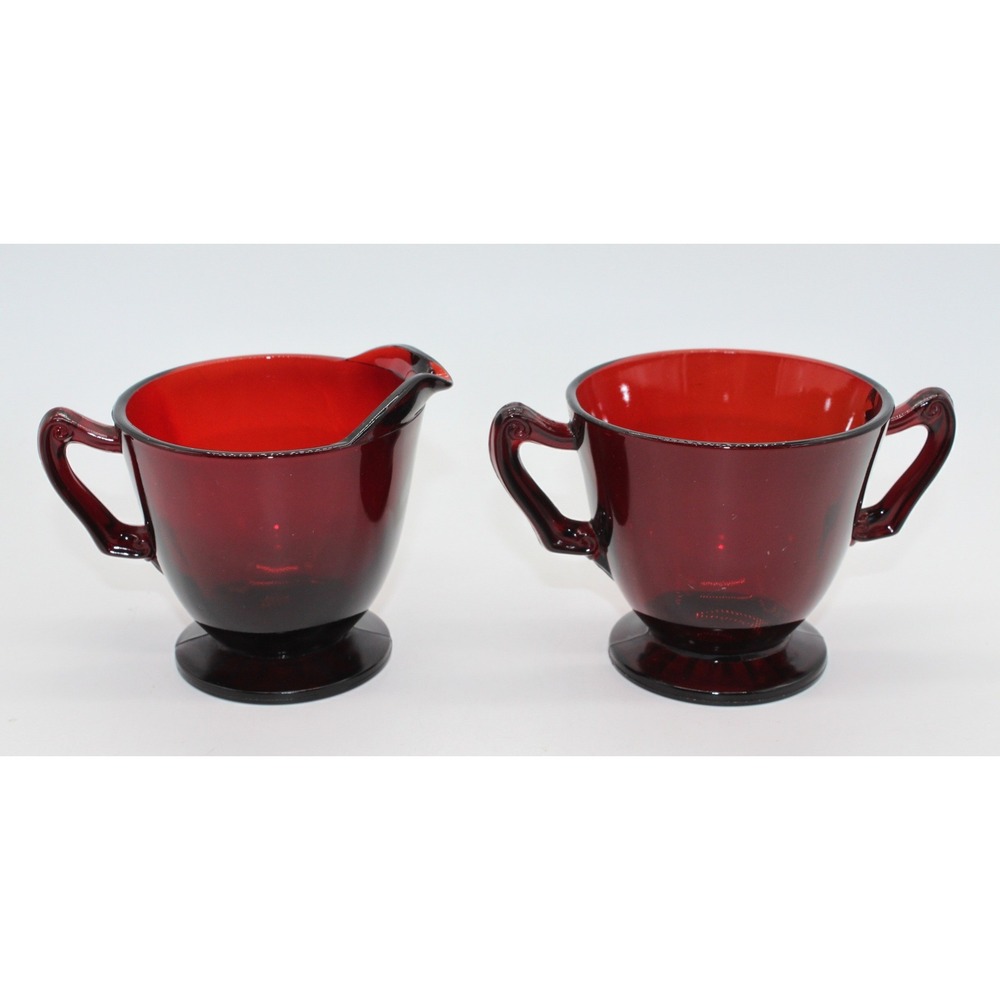 Vtg MCM Art Deco Anchor Hocking Royal Ruby Red Glass Footed Sugar & Creamer Set